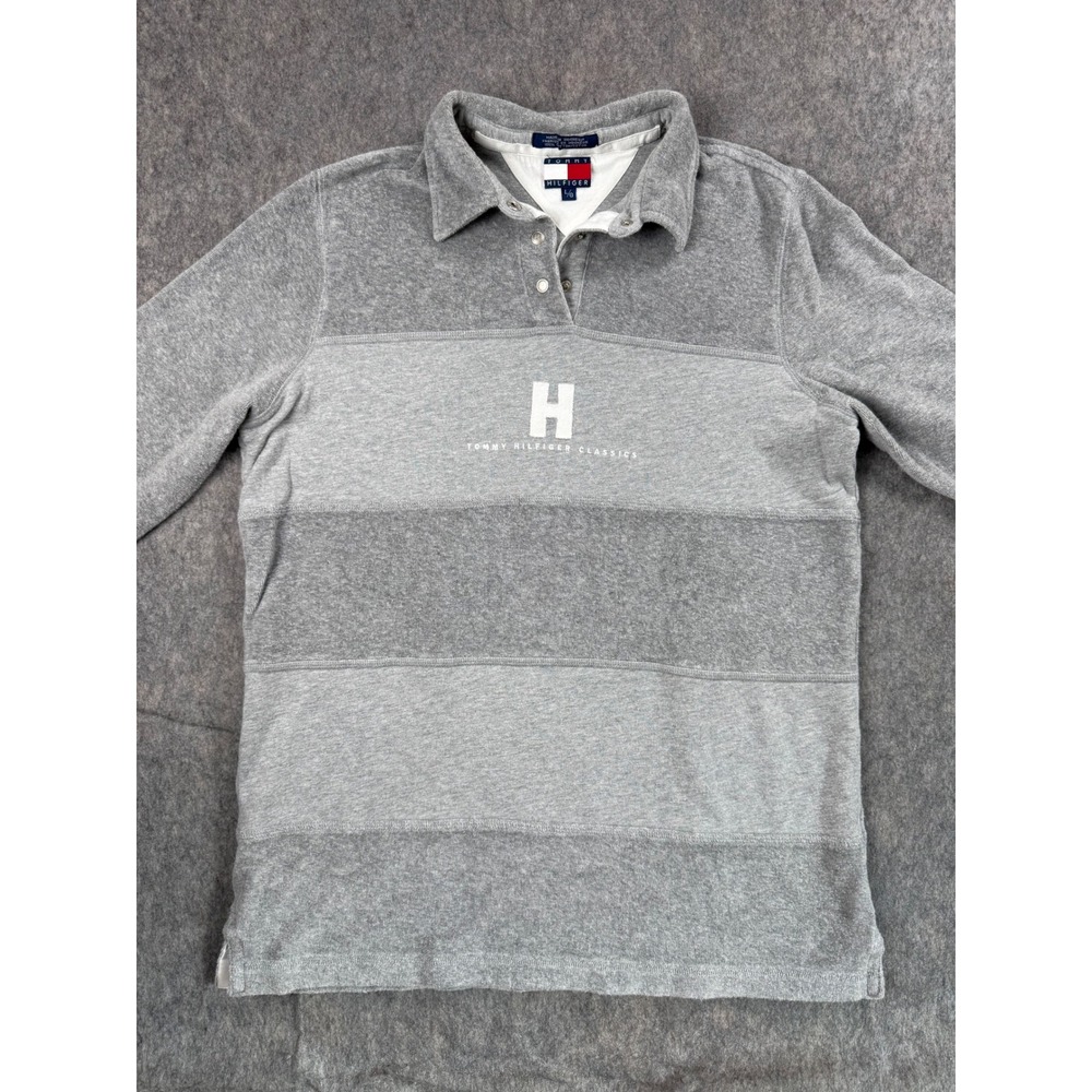 Tommy Hilfiger Classics Mens Large Grey Striped Terry Cloth‎ Long Sleeve Polo H